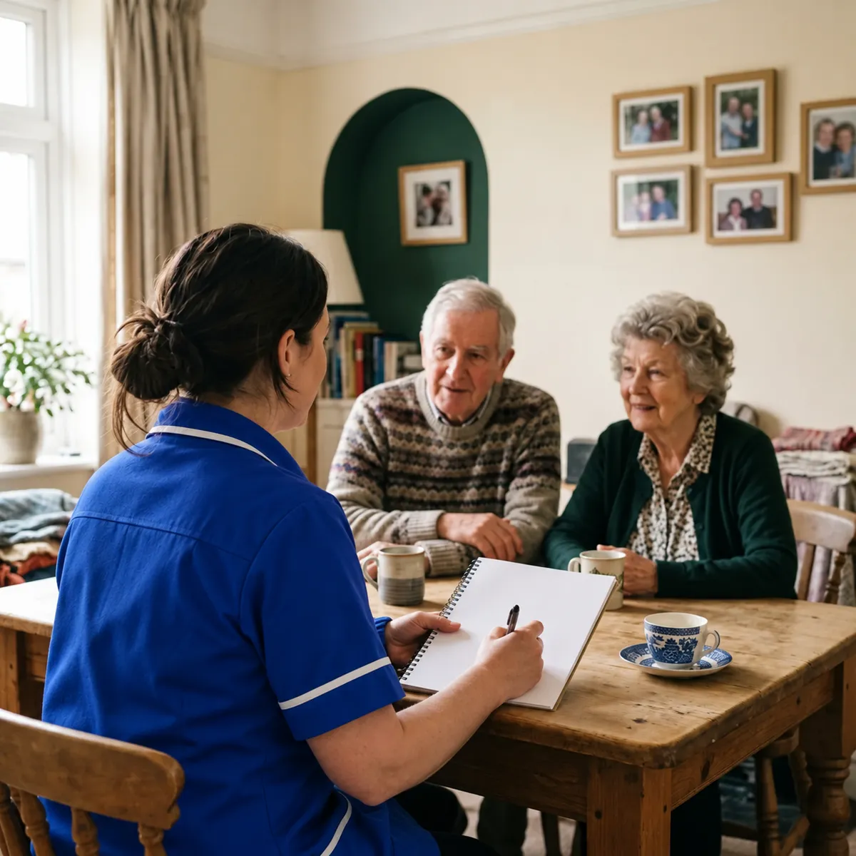 Care worker in blue uniform discussing an assessment with an older couple at home