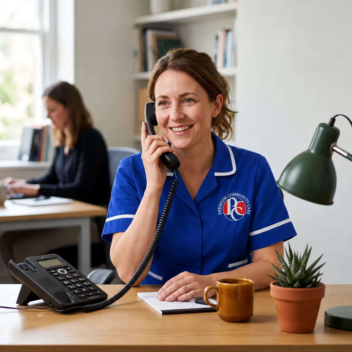 Premium Community Care team member in blue company uniform answering a telephone call