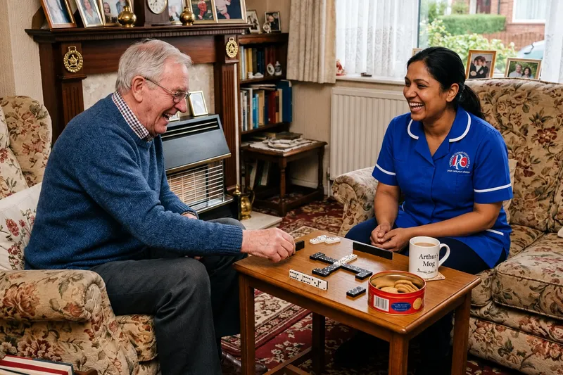 An older man and a Premium Community Care worker in a blue uniform smile while playing dominoes at home.